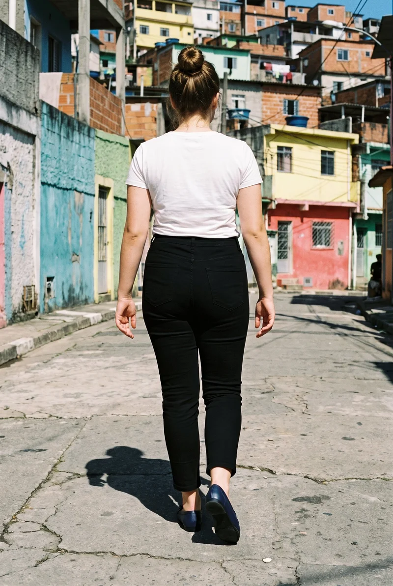 A 20-year-old Slavic woman is shown full body from the rear while walking in women's navy loafers. A Brazilian favela street forms the backdrop.