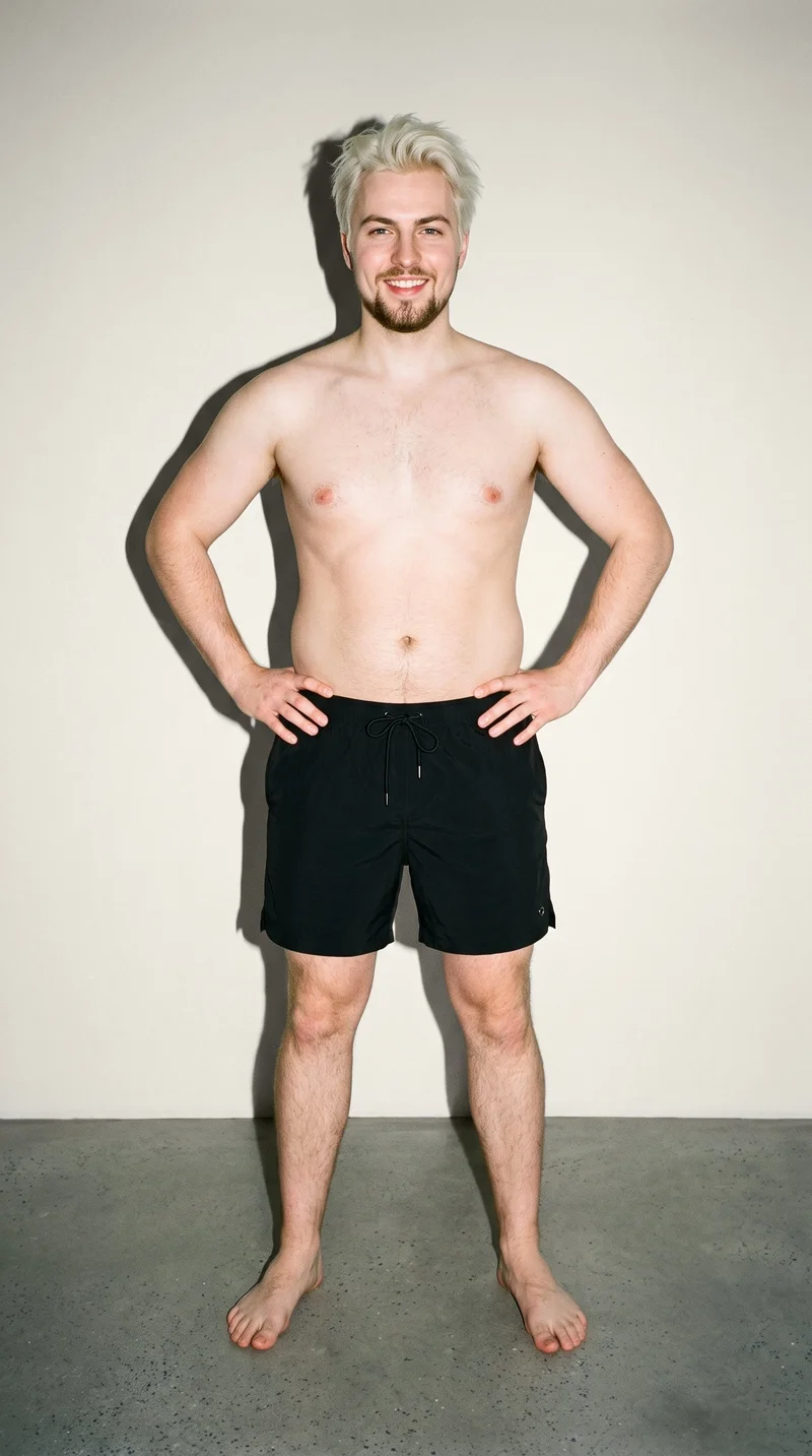 A 23-year-old Caucasian man is shown full body from the front wearing black swim trunks, with his hands on his hips and a natural expression. An Oyster Pearl studio-wall backdrop fills the background.
