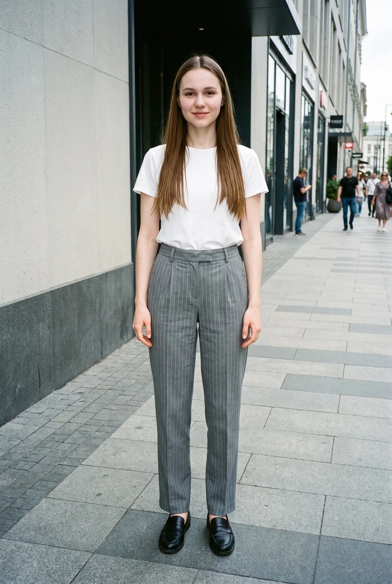 A 22-year-old Slavic woman stands straight in a full-body front view wearing women's grey pinstripe suit trousers. The trousers are shown against an urban street backdrop.