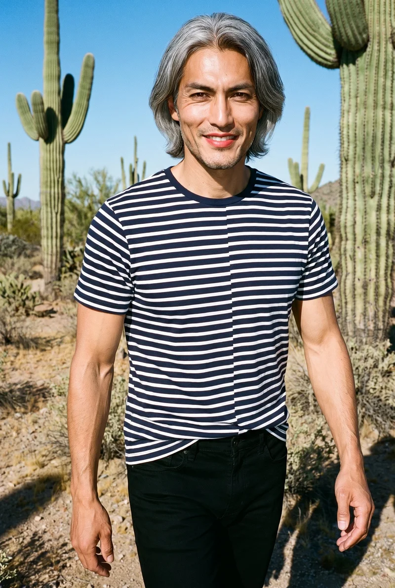 A 36-year-old Japanese man wears a striped cotton T-shirt in a front-view, three-quarter-length frame. He is shown walking with a natural expression against a cactus desert backdrop.