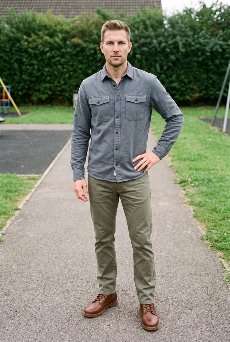 A 44-year-old Caucasian man models brown lace-up boots in a full-body front view, standing with one hand on his hip and a neutral expression. A playground serves as the backdrop.