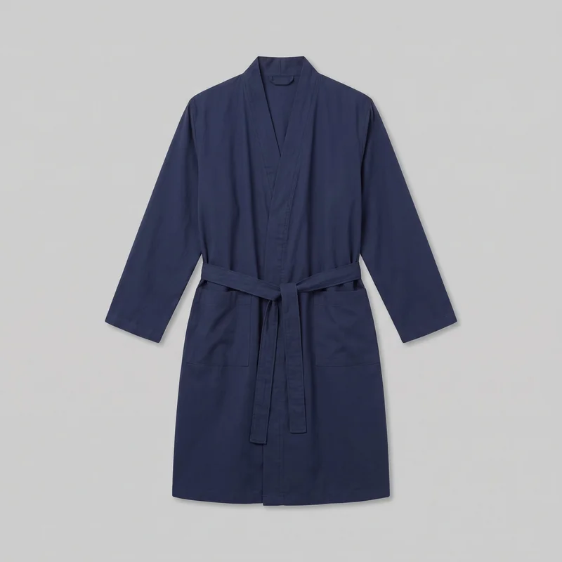 A navy cotton men's dressing gown is laid flat in a mostly complete front view. It has a shawl collar forming a deep V neckline, wide front collar bands, long straight sleeves with cuffs, an overlapping open front secured by a self-tie belt, low rectangular patch pockets, and a straight knee-length hem.
