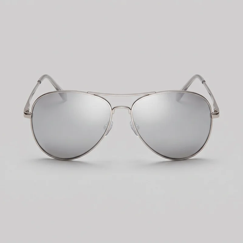 Women's aviator-style sunglasses shown in a complete front view. The eyewear has a thin wire rim, rounded teardrop mirrored lenses, a double bridge with a straight upper brow bar and lower nose bridge, adjustable nose pads, slim temples with visible hinge blocks, and curved temple tips extending backward. No logos or decorative embellishments are visible.