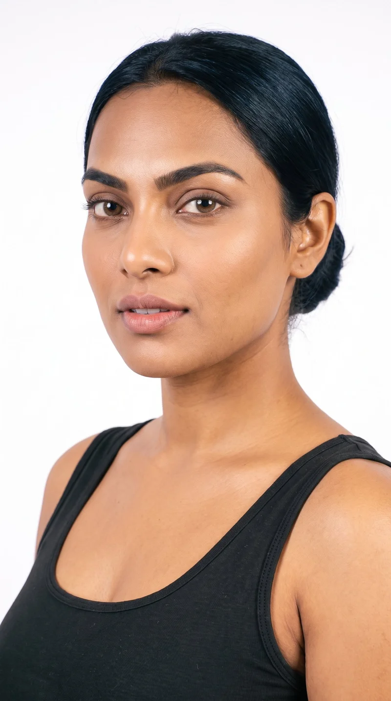 A 28-year-old Indian woman with a South Asian appearance and medium-brown skin with a warm golden undertone. Her heart-shaped face has a wider forehead that narrows to a pointed chin, framed by thick eyebrows. She has hazel eyes with green-gold flecks and full lips. Her deep black hair is wound into a rounded bun at the back of her head.