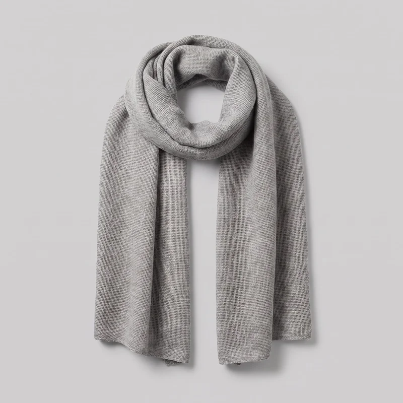 A rectangular grey wool scarf is arranged in a single loop with two straight hanging panels and both squared lower ends visible. Its fine all-over open grid weave, narrow finished hems, and softly uneven fabric edges are clearly shown; no closures, hardware, logos, prints, embroidery, or embellishments are visible.