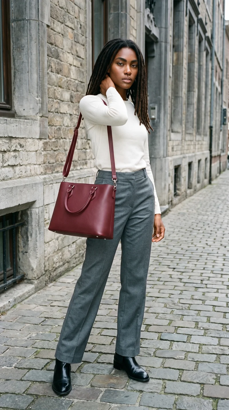 A 19-year-old African woman models a burgundy shoulder bag in a full-body view from a front three-quarter angle. She poses with one hand behind her neck and has a serious expression. A Belgian cobblestone street forms the backdrop.
