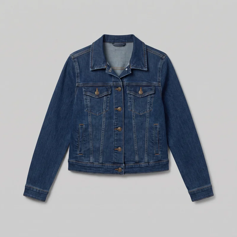 A women's indigo denim trucker jacket is laid flat in a mostly complete front view. It has a spread point collar, long sleeves with button cuffs, a buttoned front placket, a horizontal chest yoke, vertical body seams, two button-flap chest pockets, two lower welt hand pockets, and a straight banded hem. Contrast topstitching outlines the collar, seams, pockets, cuffs, and hem.