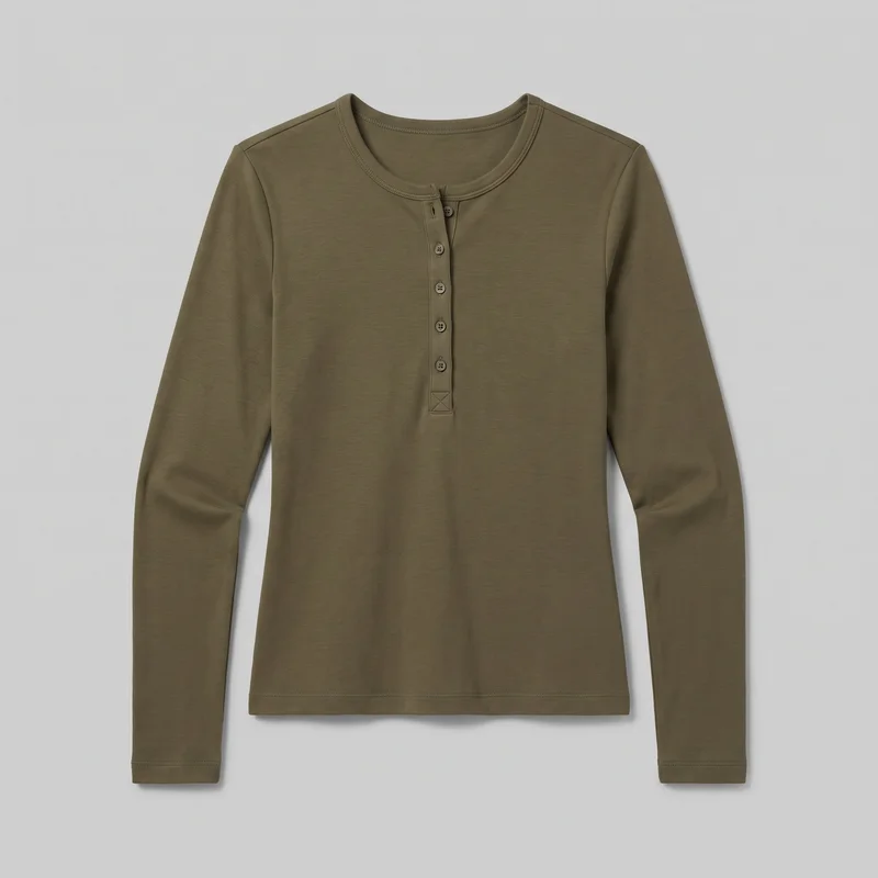 A women's olive long-sleeve henley top is laid flat in a full front view. It has a round bound neckline, set-in shoulders, straight full-length sleeves, and a straight lower hem. A centered partial button placket with five visible buttons and narrow bands extends from the neckline, ending in a reinforced square X-stitch tab.