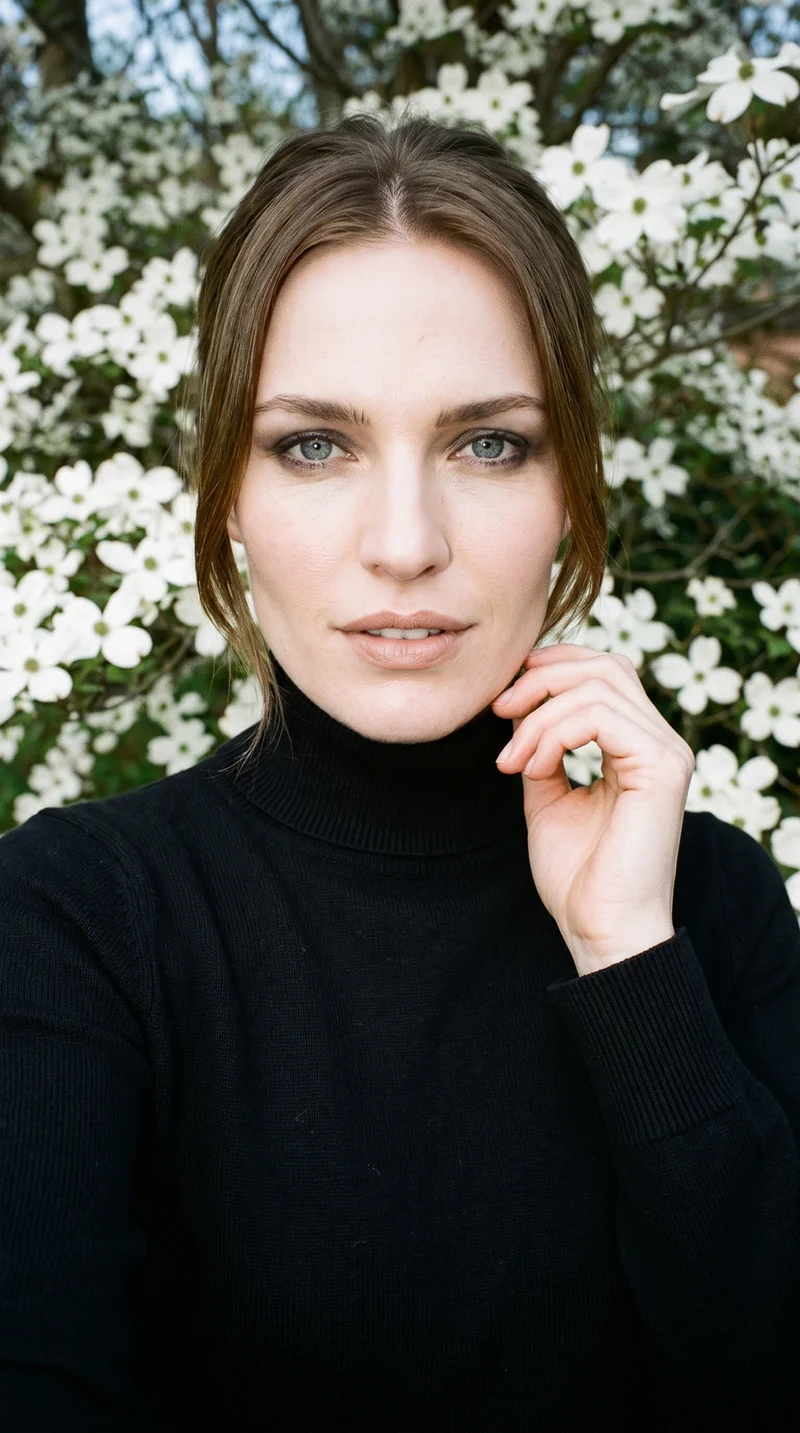 Women's Black Turtleneck, Selfie at Front, Natural E-Commerce lighting