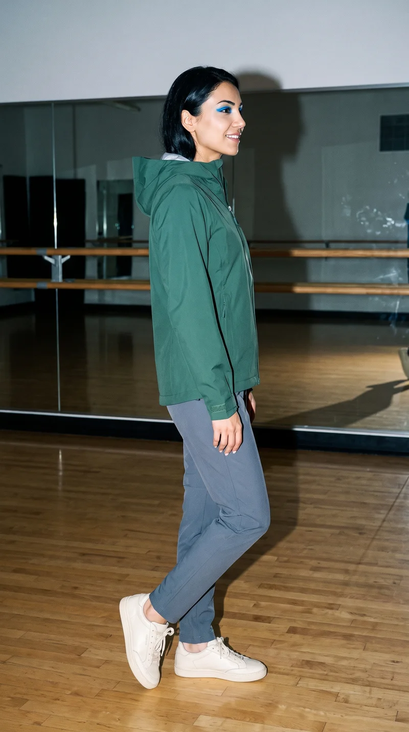 Women's Green Waterproof Jacket, Full body at Side, Flash Editorial lighting