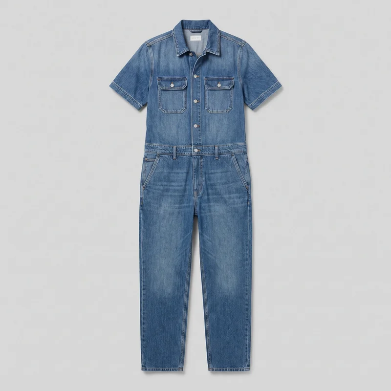 A complete front view of a men's denim boilersuit laid flat. The short-sleeve one-piece has a pointed shirt collar, button-front closure, two chest patch pockets with pointed button flaps, a defined waist seam with belt loops, front hip pockets, and full-length straight legs with stitched hems. Contrast topstitching and vertical seam lines are visible throughout.