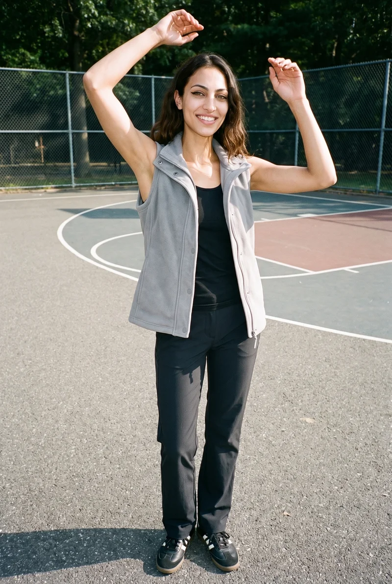 A 24-year-old Arab woman wears a women's grey fleece gilet in a full-body front three-quarter view. She is smiling with her arms overhead, with a basketball court serving as the backdrop.