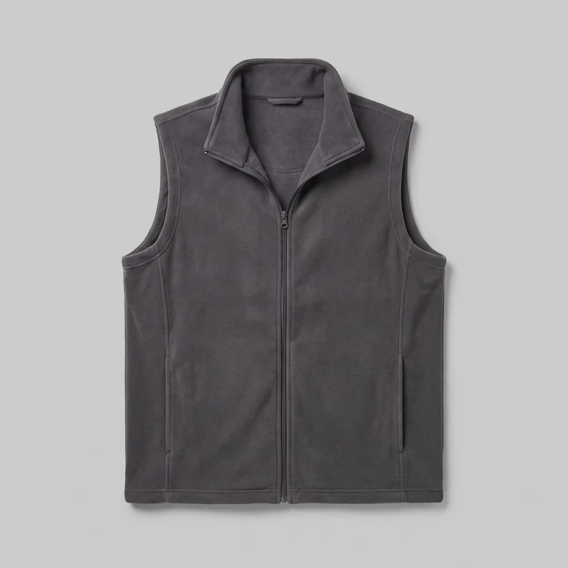 Grey sleeveless fleece gilet laid flat in a full front view. It has a fold-over stand collar, a full-length center zipper, deep armholes with bound edges, two vertical lower-front welt pockets, vertical panel seams, and a straight stitched hem.