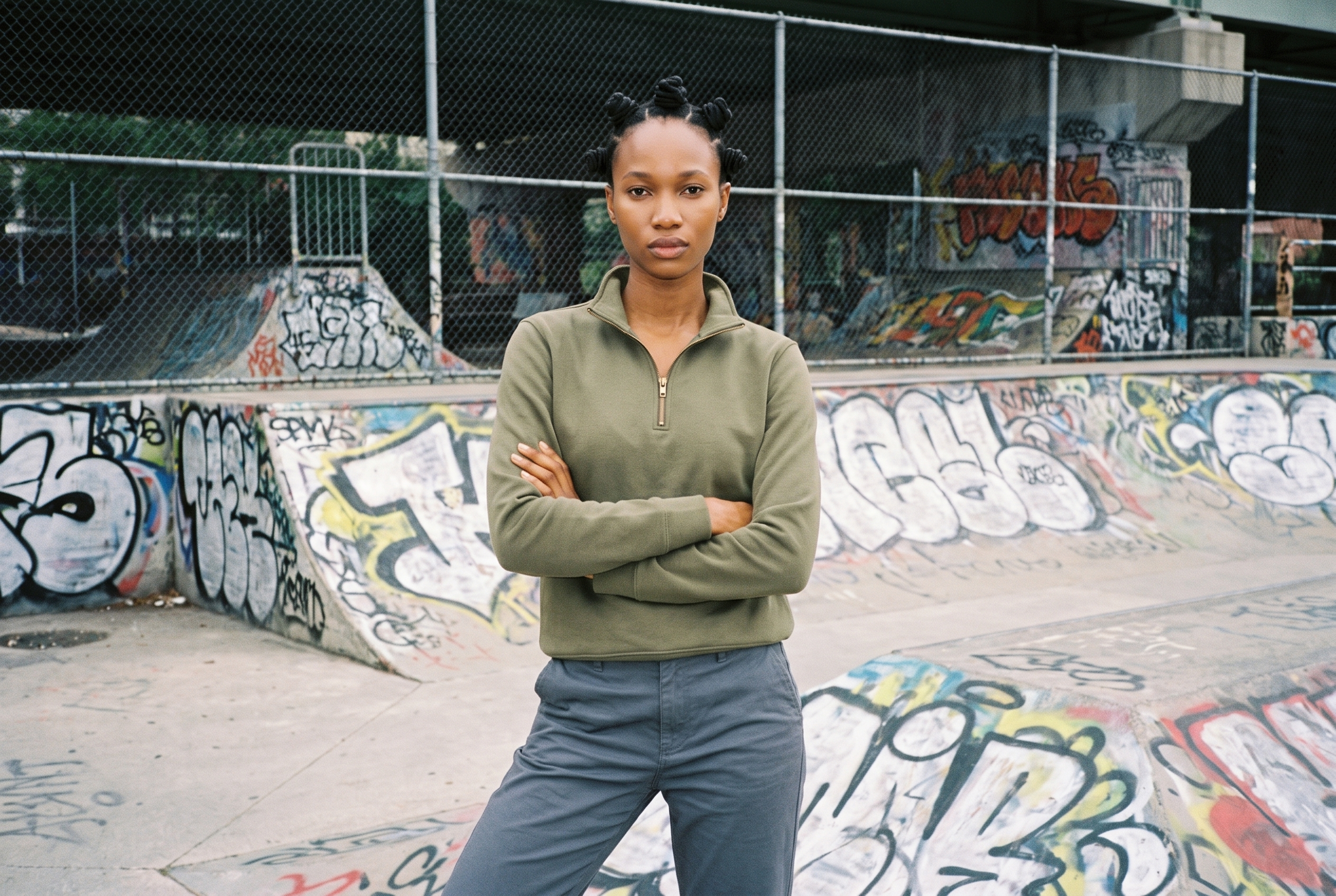 A 24-year-old African woman wears a women's olive quarter-zip in a three-quarter-length front view, standing with her arms crossed and a serious expression. A skate park forms the backdrop.