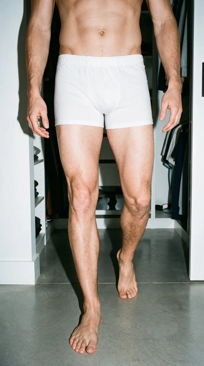 A male model is shown from the front while walking, with the lower body framed to highlight the white trunks. A walk-in closet forms the backdrop.