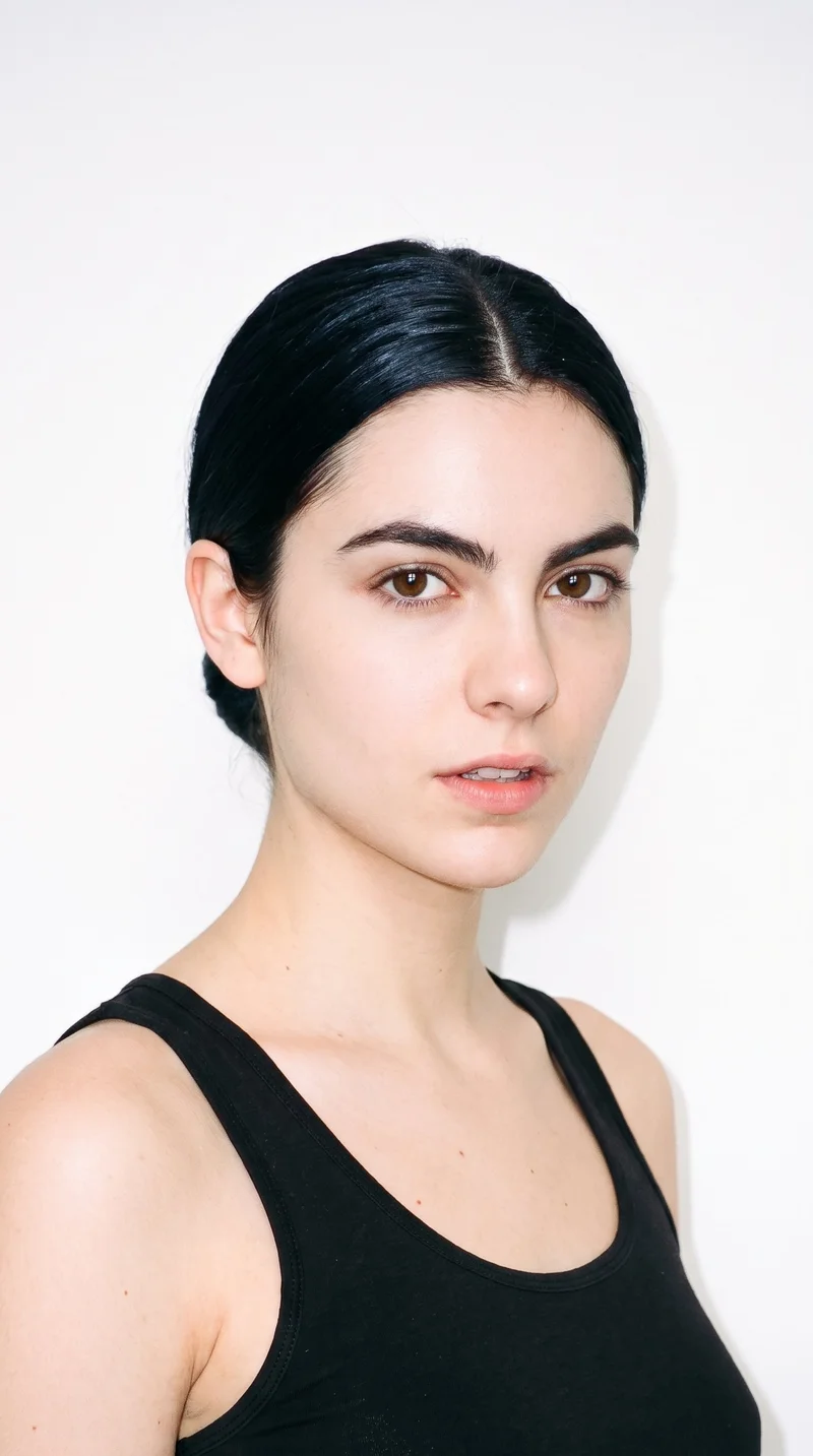 This 21-year-old Caucasian woman has very pale skin with a peach undertone and a round face defined by soft, full contours and gentle curves with few angles. Her eyebrows are thick, and her brown eyes are framed by full lips. Her deep black hair is smoothed back into a sleek, neat bun at the nape.