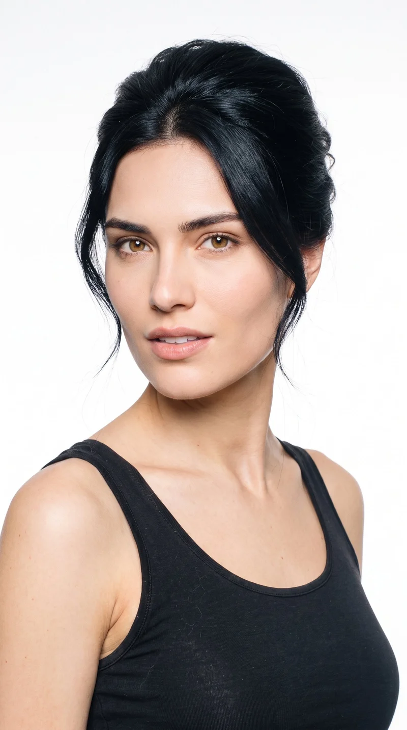 A 23-year-old Hispanic woman with medium-brown skin and a warm golden undertone. Her square face has a broad forehead and a strong, defined jaw, creating an angular, structured appearance. She has medium-thickness eyebrows, hazel eyes with green-gold flecks, and medium lips. Her deep black hair is pinned up off the neck into a formal styled updo.
