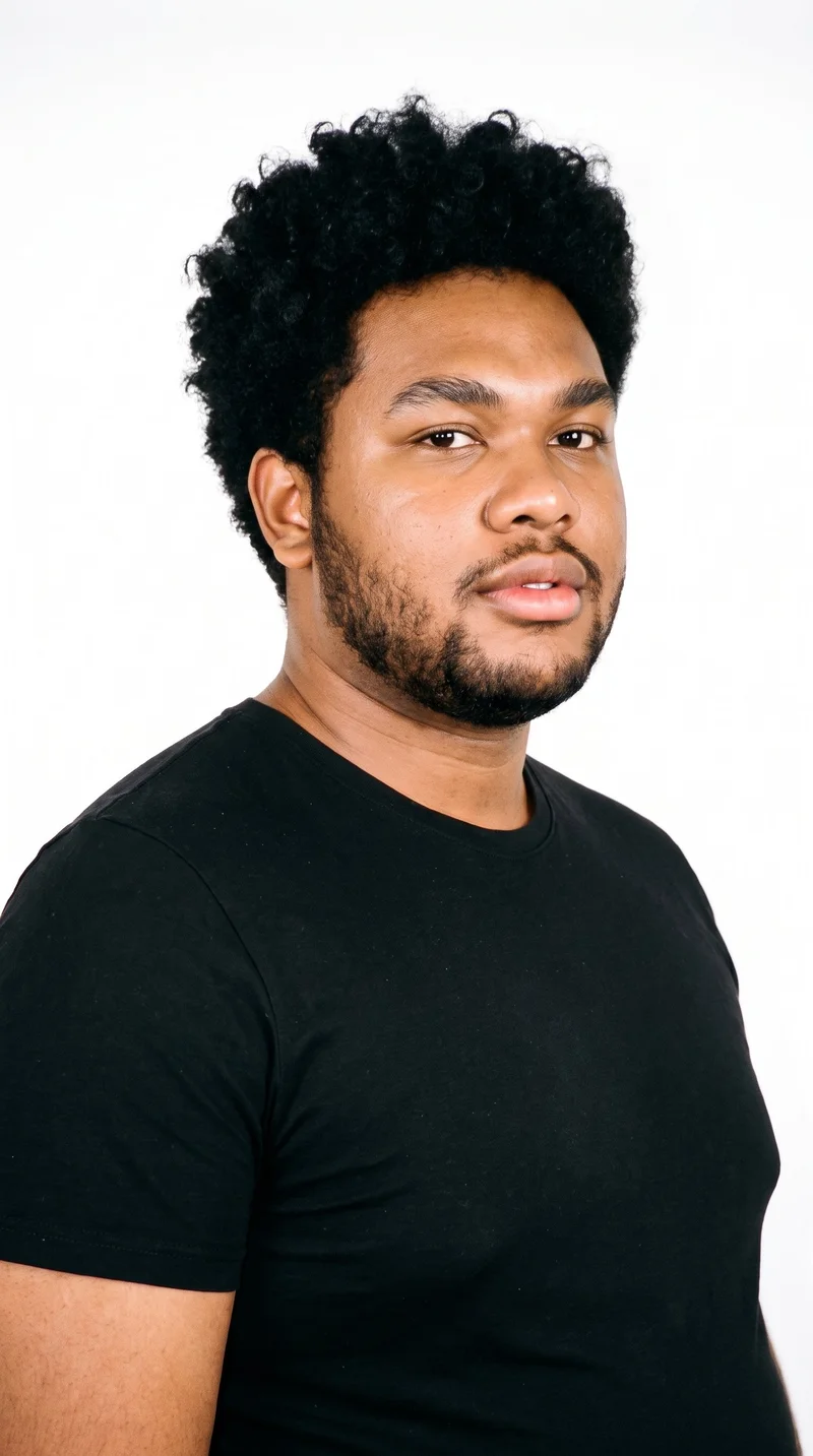 This 23-year-old Southeast Asian man has medium-brown caramel skin with a warm golden undertone. His face has smooth, even, softer features in a refined balance, with thin eyebrows, very dark near-black eyes, and very full lips. His black hair forms defined, springy curls with natural volume. A short, structured boxed beard follows the cheeks and jaw with defined edges.