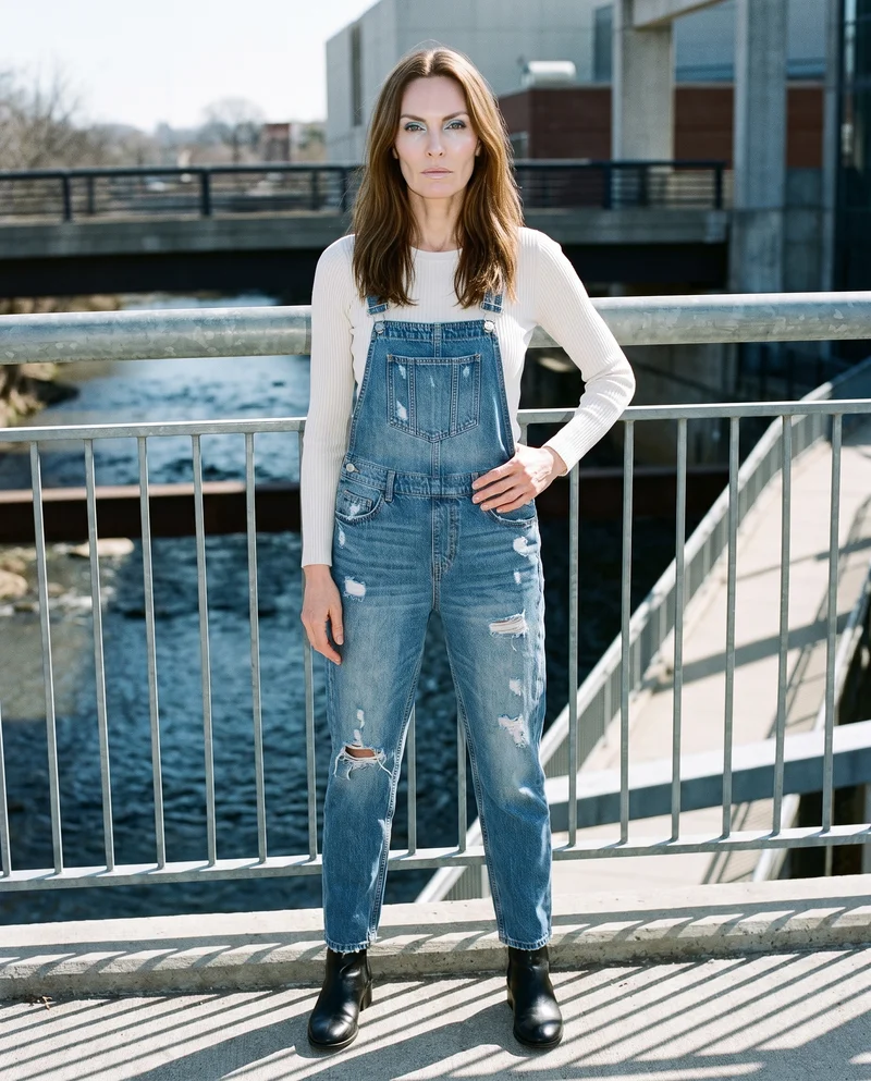 Women's Distressed Denim Dungarees, Full body at Front, Flash Editorial lighting