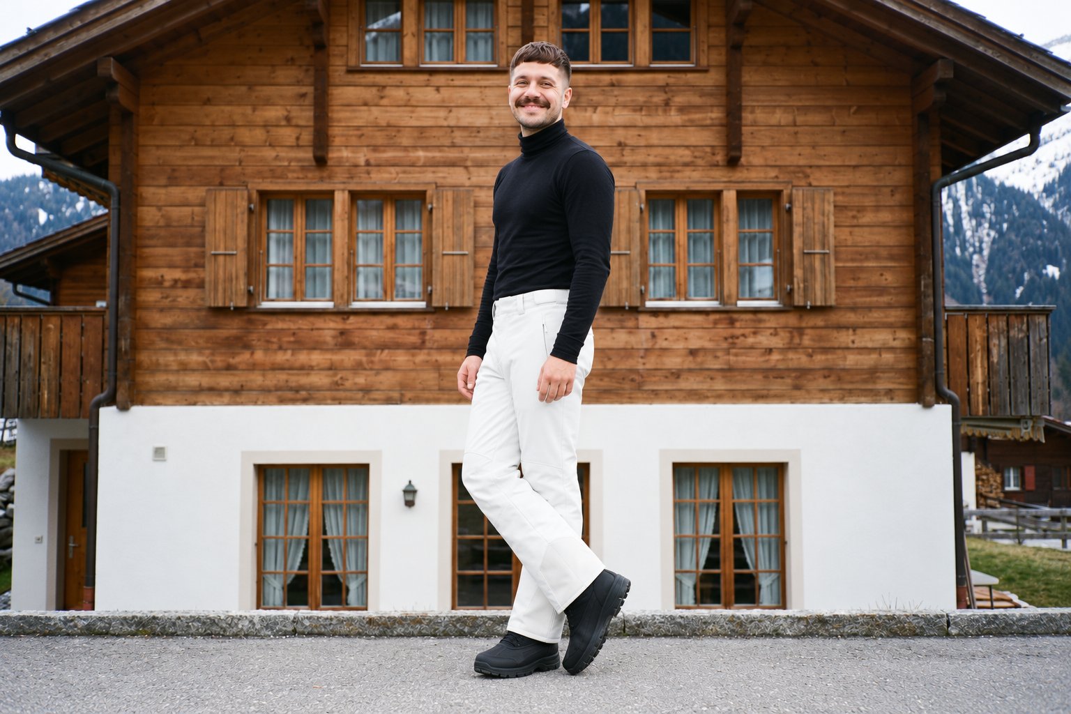 A 29-year-old Hispanic man wears white shell ski trousers in a full-body angled-front view with his ankles crossed and a natural expression. A Swiss Alpine Village backdrop is visible behind him.