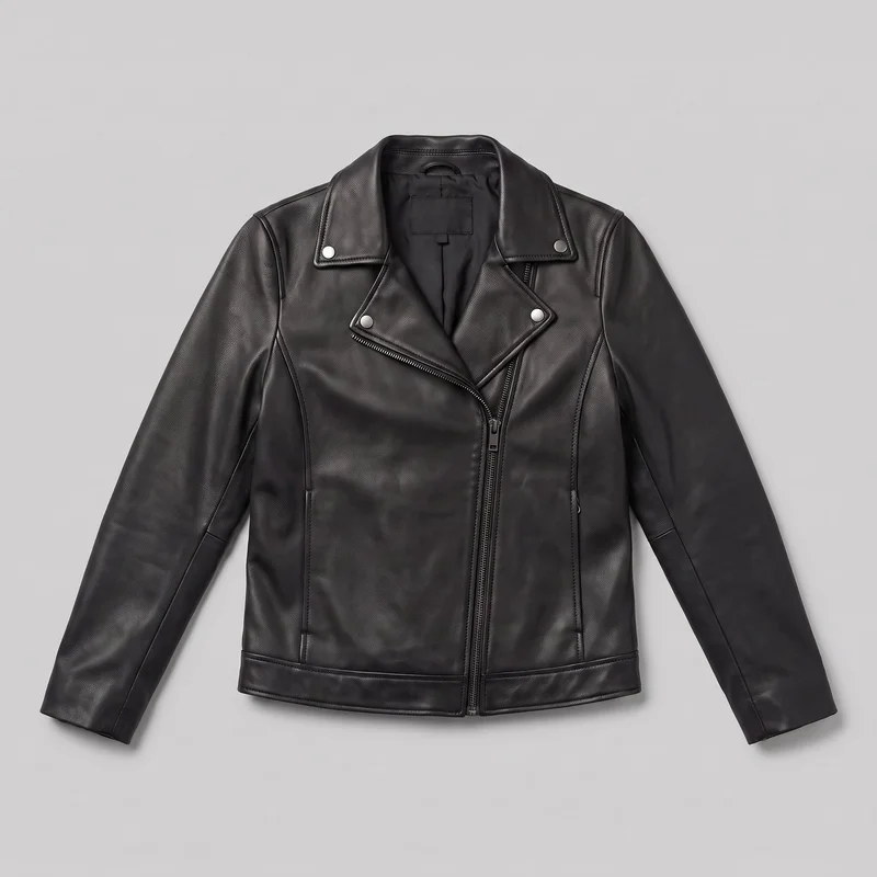 A black women’s moto-style leather jacket is shown laid flat in a standalone front view. The full torso, waist-length hem, collar, and most of both long sleeves are visible, including the asymmetric front zipper, wide notched snap lapels, upper zip pocket near the collar, structured shoulders, shaped front panel seams, and stitched edging.