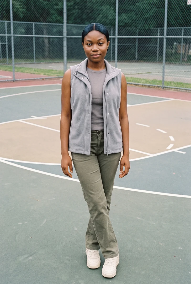Women's Grey Fleece Gilet, Full body at Front, Natural E-Commerce lighting