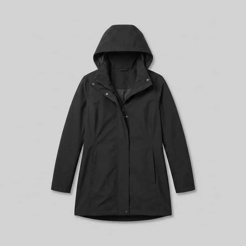 A women's black hooded raincoat is shown laid flat in a mostly complete front view. The hood is raised, and the upper front is partially open to reveal the high neckline and wide collar panels. Long straight sleeves, a center zipper partly covered by a full-length snap-fastened storm placket, shaped vertical seams, two low welt pockets, and the full mid-thigh hem are visible.
