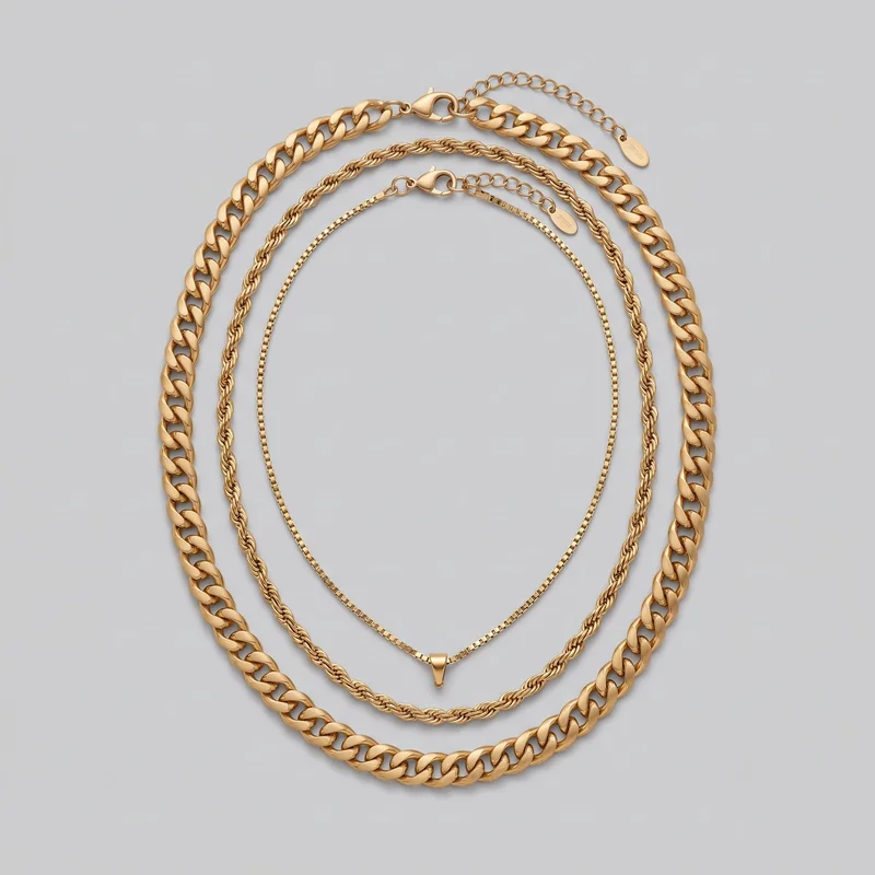 Three gold necklaces are laid flat in nested concentric loops. The set includes an outer curb-link chain with broad flattened links, a middle twisted rope chain, and an inner fine box-link chain with a small tapered bail-like connector at the lower center. Lobster-claw clasps, jump rings, adjustable extender chains, and small oval end tags are visible.