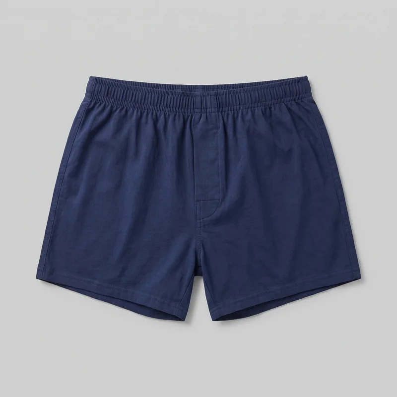 Navy cotton boxer shorts are shown laid flat in a complete front view. The relaxed-fit shorts have a mid-rise elastic waistband, short straight legs, wide leg openings, straight hems, a centered front fly panel with vertical stitching and a curved lower edge, side seams, and double rows of topstitching along the waistband and hems.