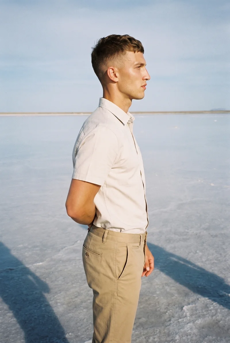 Men's Khaki Chinos, Three-quarter length at Side, Flash Editorial lighting