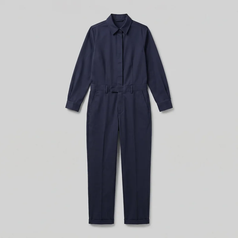 A navy one-piece tailored jumpsuit is shown laid flat in a full front view. It has a pointed collar, long cuffed sleeves, a covered button-front placket with one visible top button, a defined waist with belt loops and a self-fabric tie, slanted hip pockets, straight full-length legs, front crease lines, and turned-up hems.
