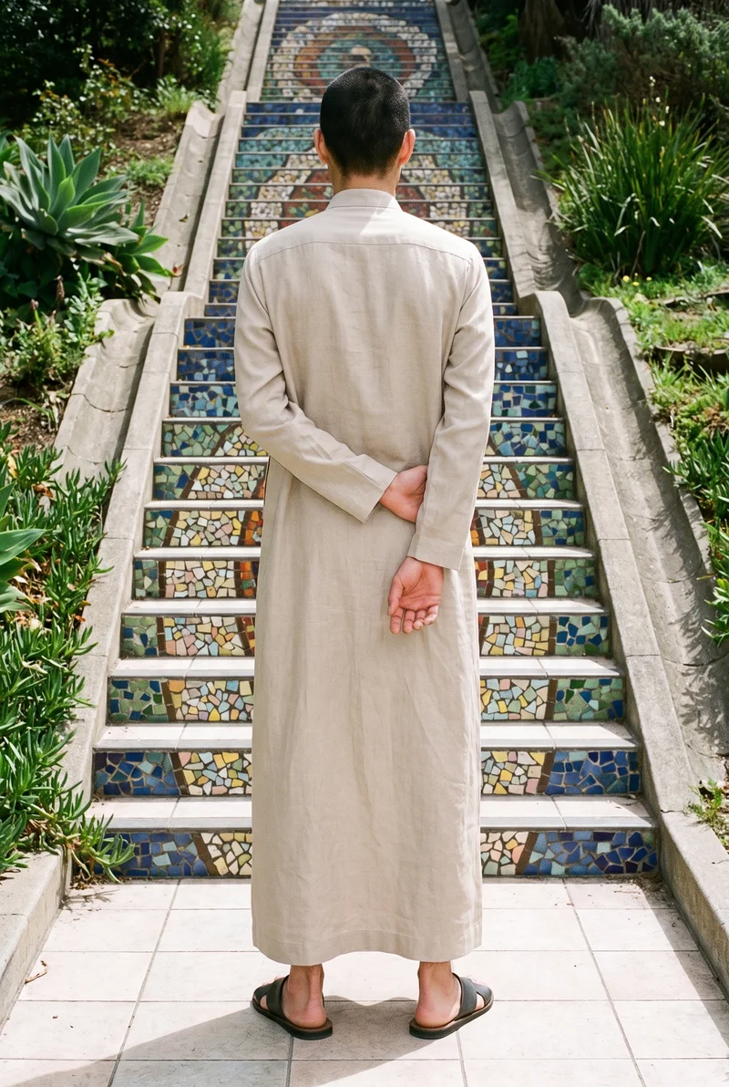 Beige Linen Thobe, Full body at Back, Flash Editorial lighting