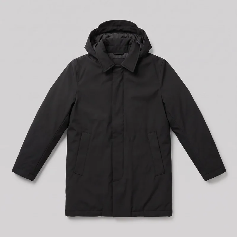 A black men's longline parka is shown laid flat in a standalone front view. It has an attached hood layered beneath a pointed fold-down collar, full-length set-in sleeves, a center zipper concealed behind an overlapping storm placket, two angled welt-style lower pockets with stitched rectangular frames, and a straight hem with a stitched bottom band.