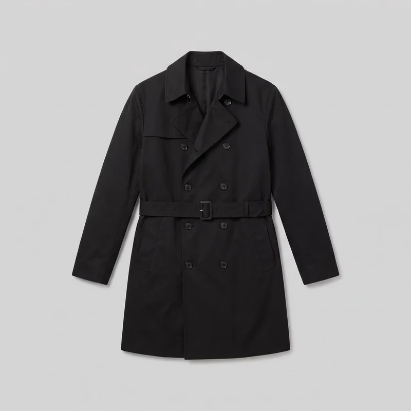 A mostly complete front view of a men's black trench coat laid flat against a backdrop. The longline coat has a straight silhouette, point collar, notched lapels, long straight sleeves, a double-breasted button front, an overlapping storm-flap-style chest panel, angled welt pockets, and a belted waist with a rectangular buckle. The straight hem and visible construction seams are also shown.