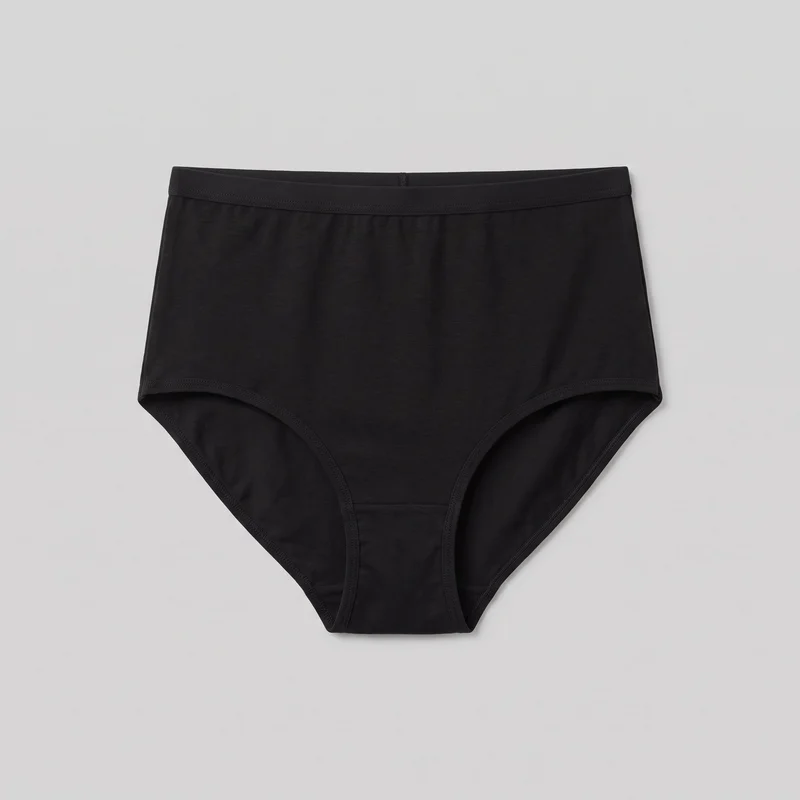 Black high-waisted brief underwear shown as a complete flat product view. The design has a smooth full-coverage front panel, a straight wide waistband with a small centered seam at the top edge, curved leg openings with visible binding, and seam lines around the narrow crotch area.