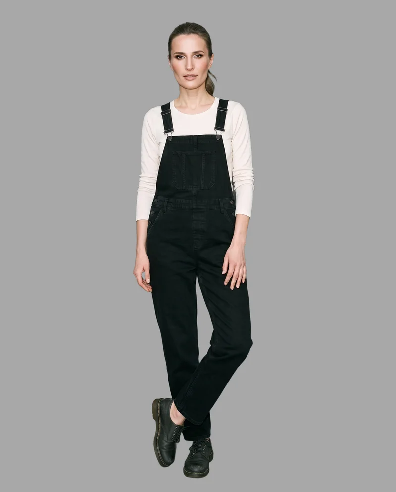 Women's Black Denim Dungarees, Full body at Front, Studio Cutout lighting