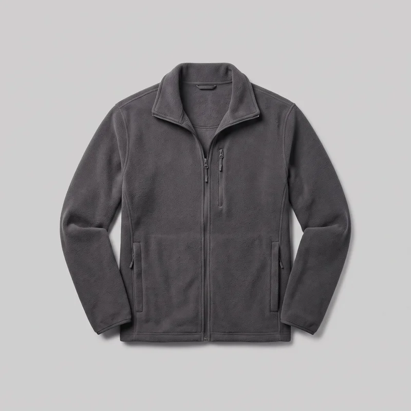 A mostly complete front view of a men's grey fleece jacket laid flat against a backdrop. The hip-length jacket has a regular straight silhouette, a stand collar, long set-in sleeves, a straight hem, and a full-length center zipper. A vertical zip chest pocket and two lower vertical zip hand pockets are visible on the front, along with bound sleeve cuffs and hem, shoulder seams, curved front panel seams, side-front seams, and topstitched edges.