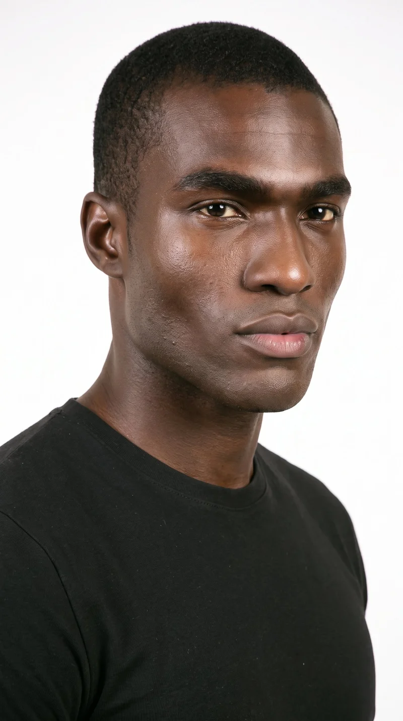 A 25-year-old African man with dark-brown skin and a neutral undertone. His Roman face has strong classical features, a prominent nose line, and a defined jaw. He has thick eyebrows, very dark near-black eyes, and full lips. His black hair is clipped very short and evenly in a buzz cut, and he is clean-shaven with smooth skin across his face.