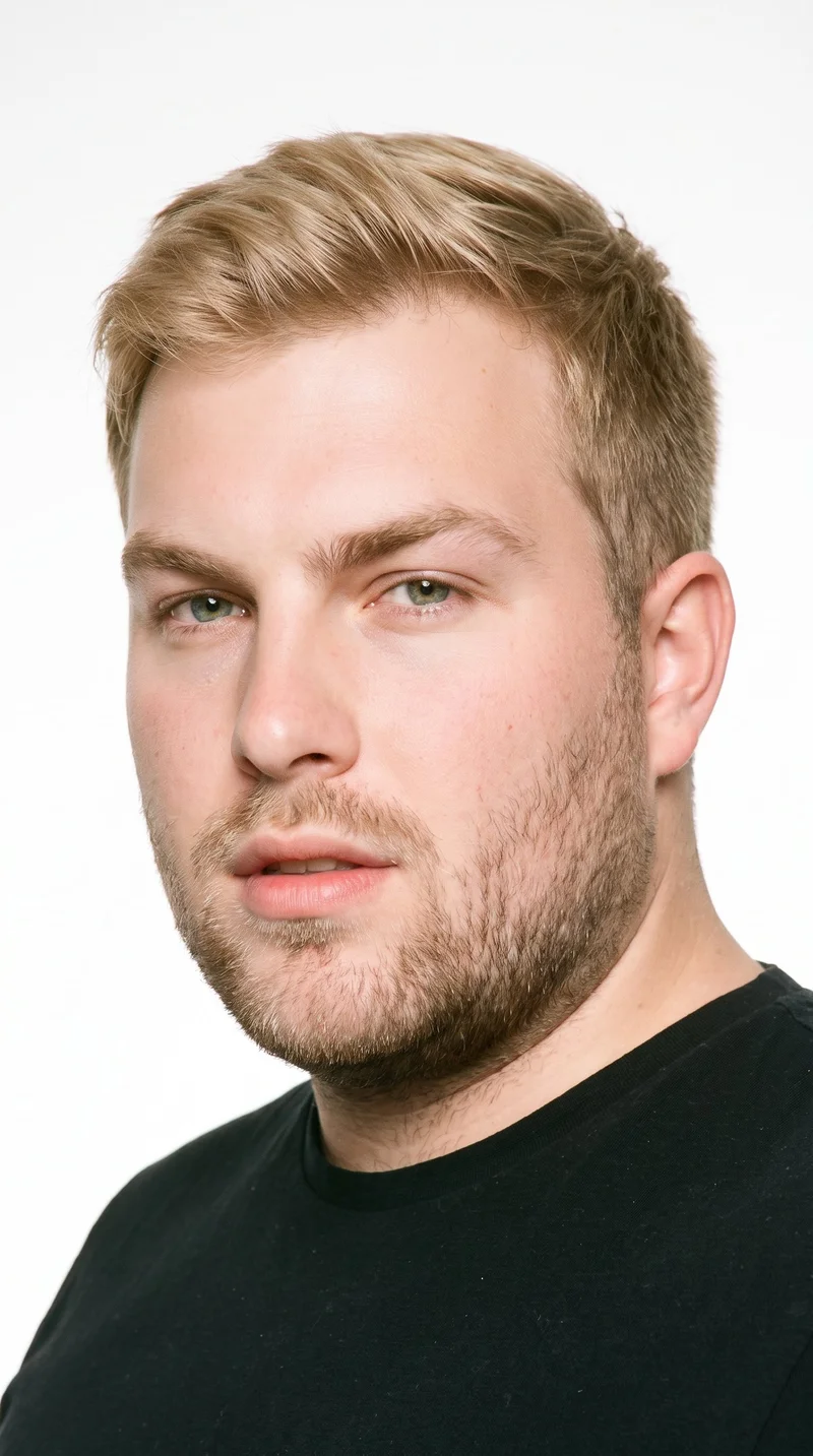 A 26-year-old Caucasian man with fair skin and a peach undertone has a diamond-shaped face with a narrow forehead and jawline and cheekbones that form the widest part of the face. His medium-thickness eyebrows frame green eyes, and his lips are thin. His mid-tone blonde hair is tapered, gradually shortened at the sides and neckline while retaining length on top. Short, even three-day beard growth adds closely groomed texture along the lower face.