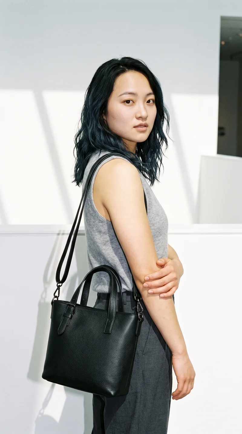 Black Leather Shoulder Bag, Upper body at Three-quarter, Flash Editorial lighting