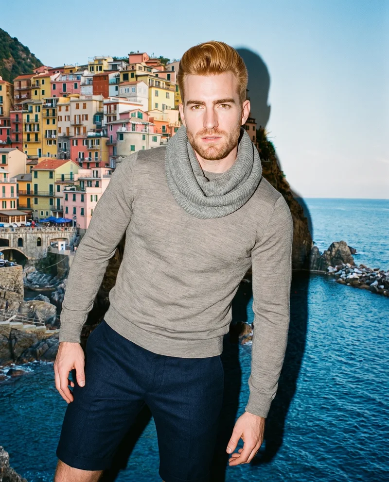 A 35-year-old Caucasian man wears a grey knit snood in a front-view, three-quarter-length composition. He holds a neutral expression and poses with a waist twist against a Cinque Terre cliffside backdrop.