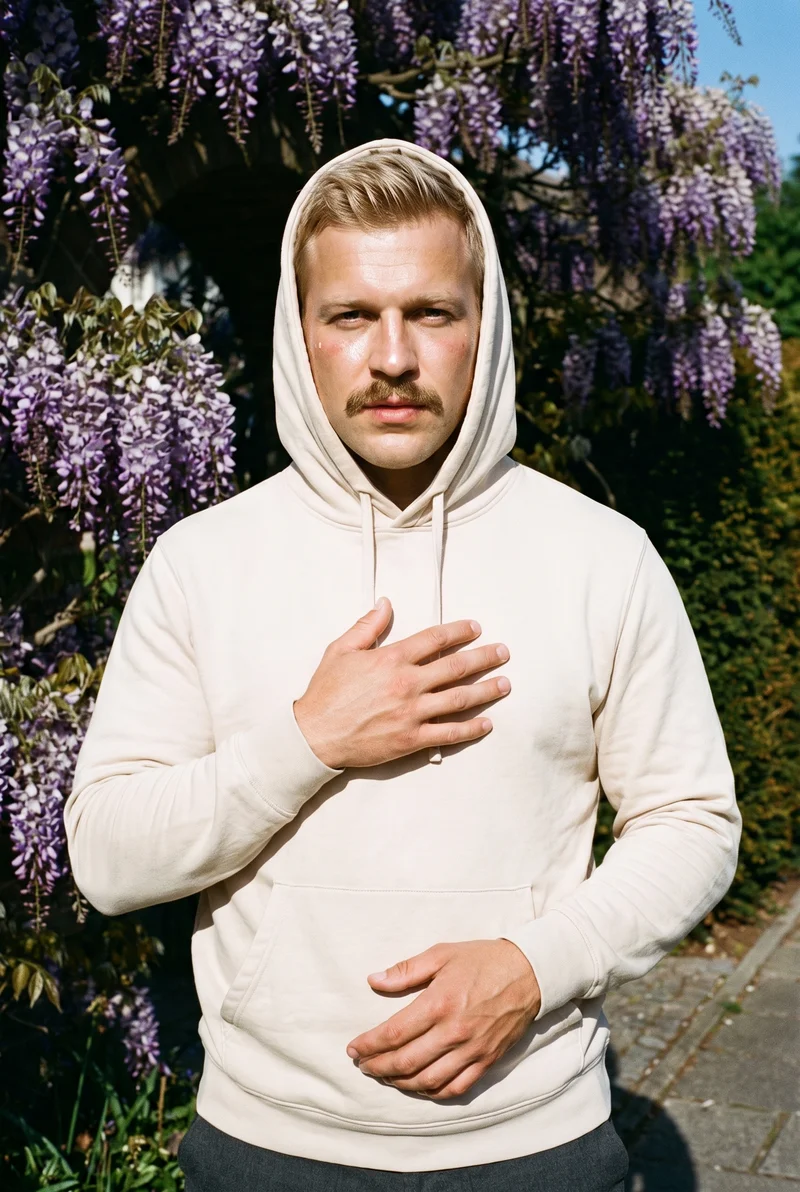 Men's Cream Pullover Hoodie, Upper body at Front, Flash Editorial lighting