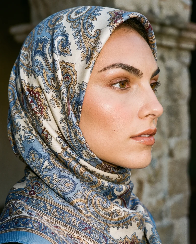 Printed Silk Hijab, Head at Side, Natural E-Commerce lighting