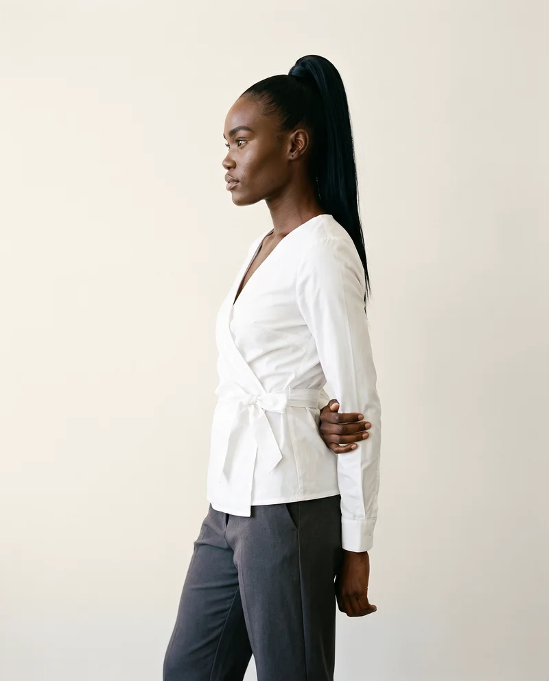 White Cotton Wrap Top, Three-quarter length at Side, Clean Catalog lighting