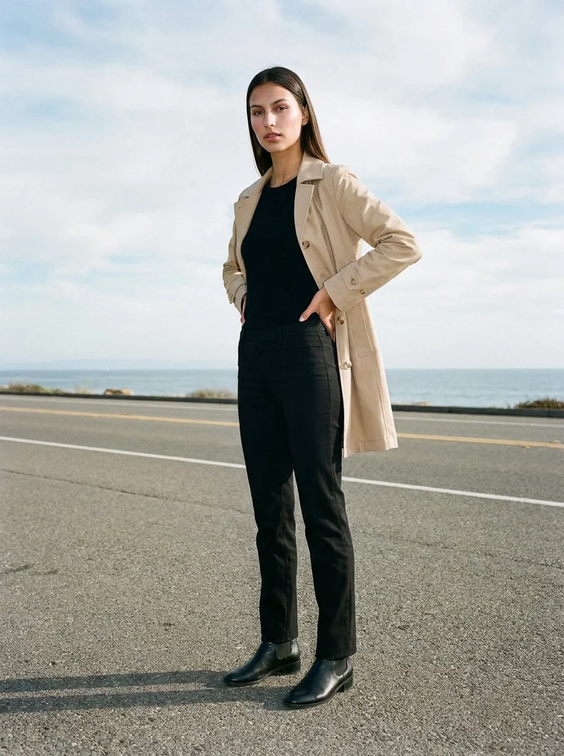 A 21-year-old Slavic woman wears a beige cotton mac in an angled full-body view, standing with her hands on her hips and a neutral expression. The Pacific Coast Highway appears as the backdrop.