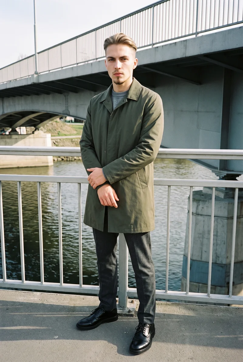 A 22-year-old Slavic man wears an olive packable raincoat in a full-body front three-quarter view. He stands with his arms low and a natural facial expression against a bridge pedestrian backdrop.