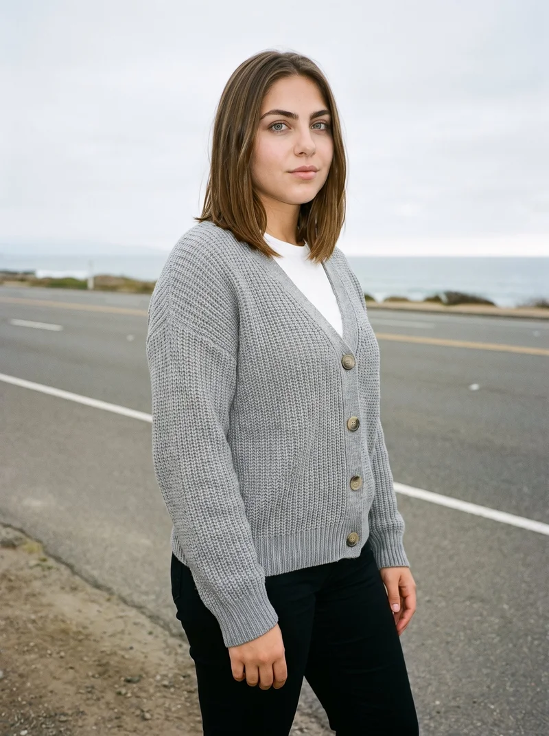 A 20-year-old Caucasian woman stands straight in an angled front view, shown from three-quarter length, wearing a grey knit cardigan. Her confident expression is visible, with the Pacific Coast Highway as the backdrop.