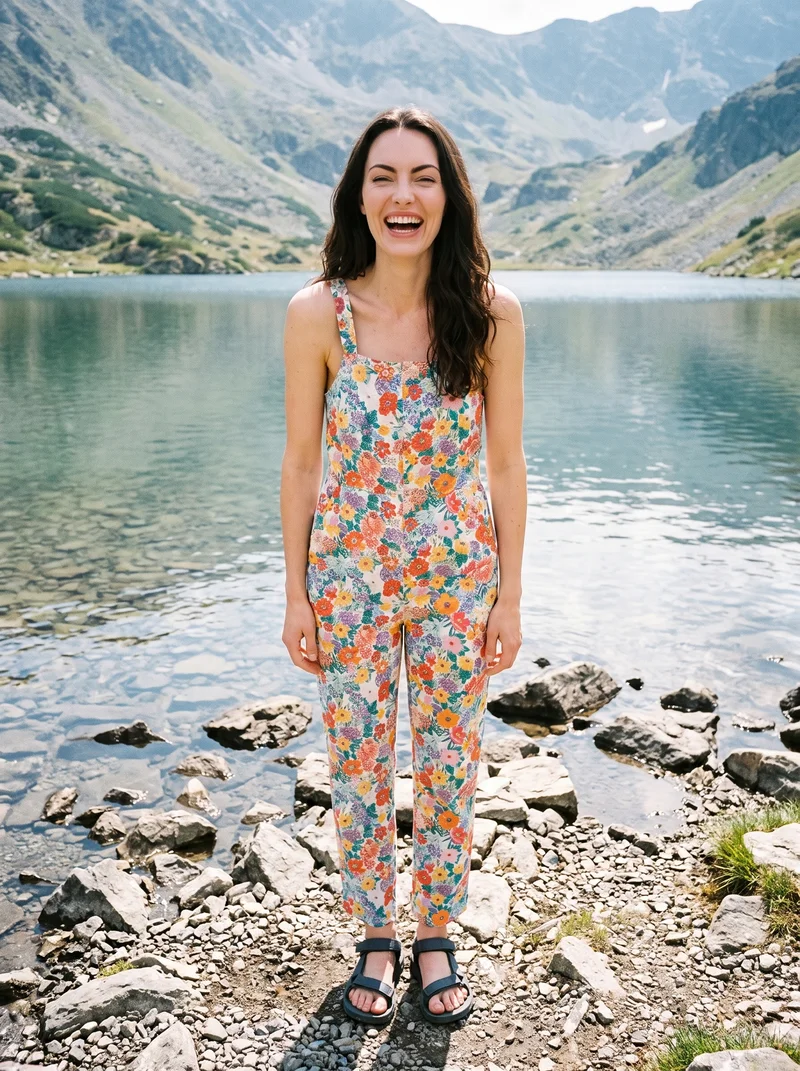 A 25-year-old Caucasian woman wears a floral print jumpsuit in an environmental front-view composition. She is laughing with her ankles crossed, with an alpine lake shore serving as the backdrop.