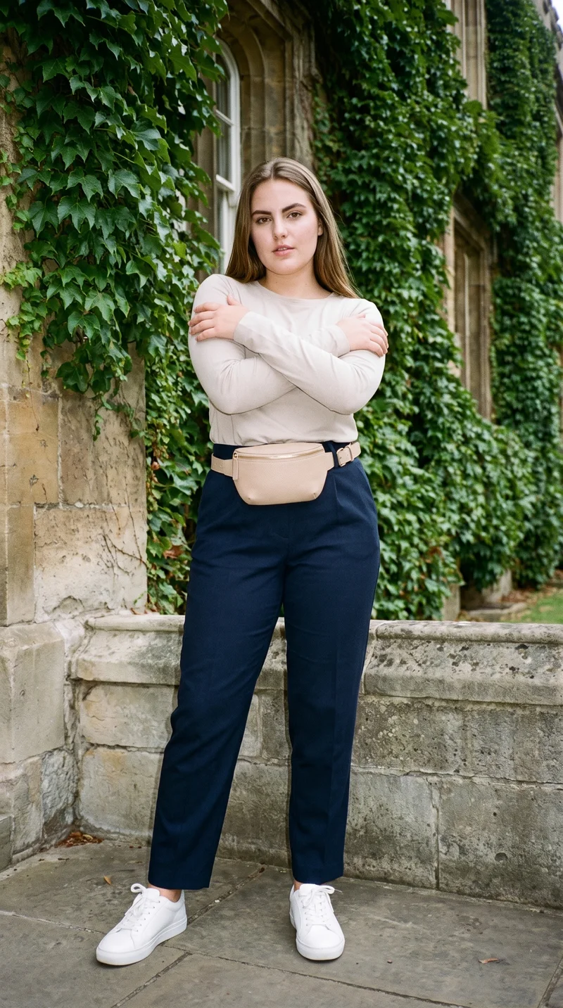 A 22-year-old Caucasian woman is shown full body from the front in a self-hug pose with a natural expression, wearing a beige belt bag. An ivy-covered building forms the backdrop.