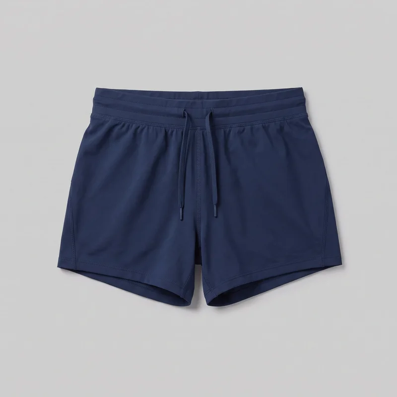 Women's navy running shorts shown in a complete front flat-lay view. The shorts have a slightly relaxed straight-leg silhouette, short length, a wide waistband with multiple horizontal stitch lines, and a front drawstring hanging at the center. The view also shows the center front rise seam, side seams with overlock-style stitching, curved inner leg openings, and stitched bottom hems.